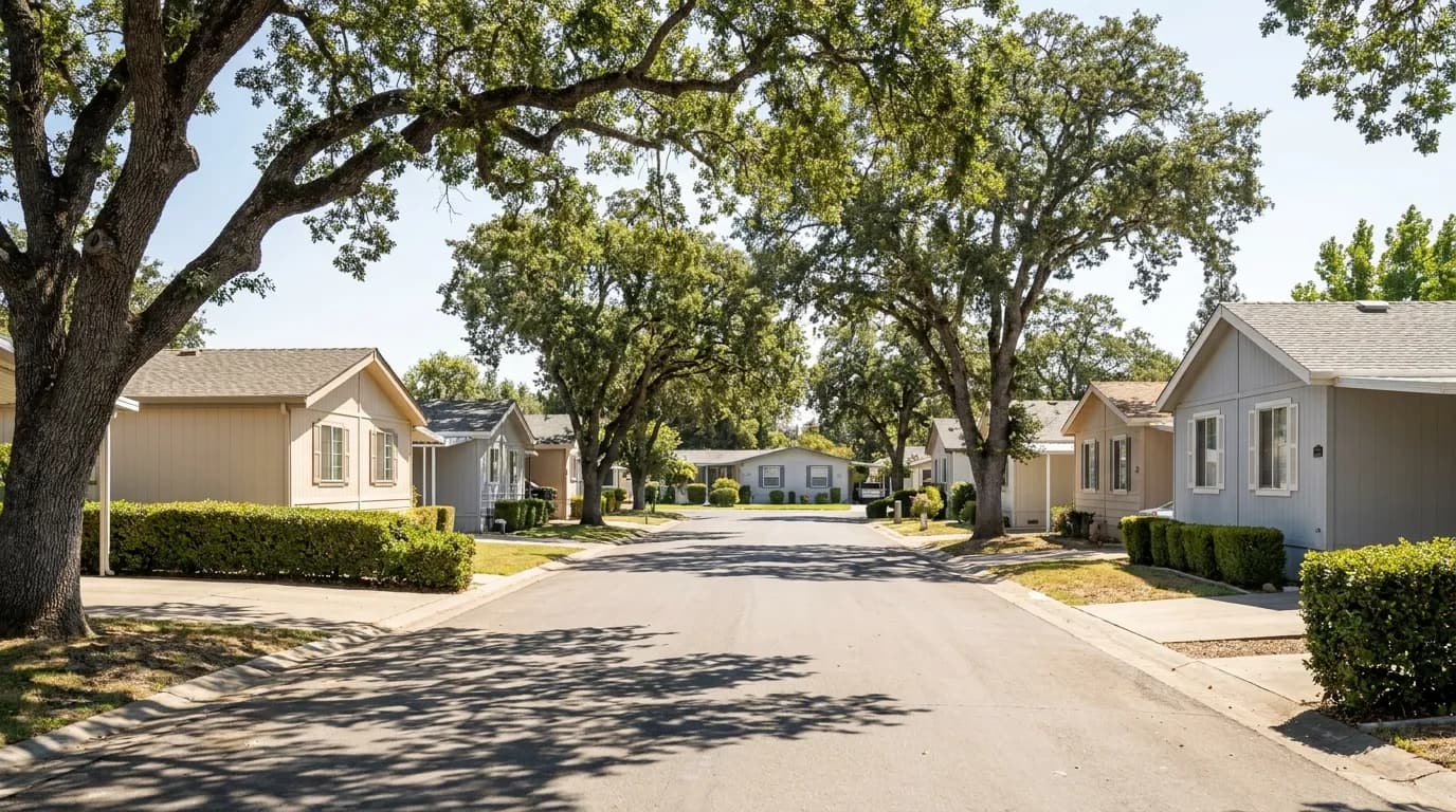 A quiet street of manufactured homes in a Sacramento area 55+ community