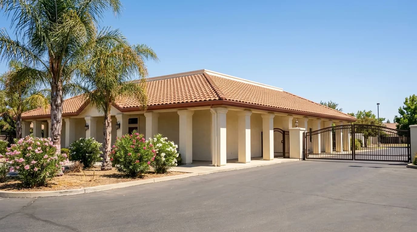 A clubhouse and entrance gate at a California age-restricted manufactured home community