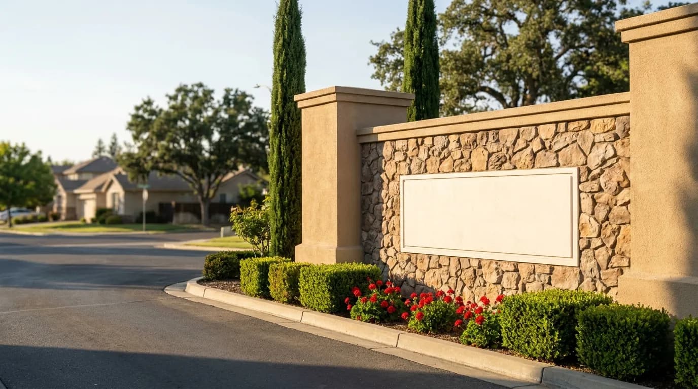 A California mobilehome park entrance sign on a sunny afternoon