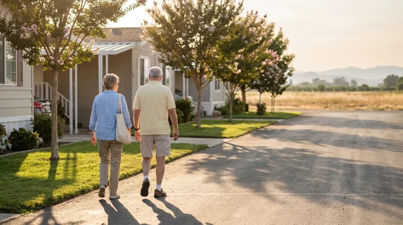 An older couple walking past manufactured homes in a Sacramento area 55+ community