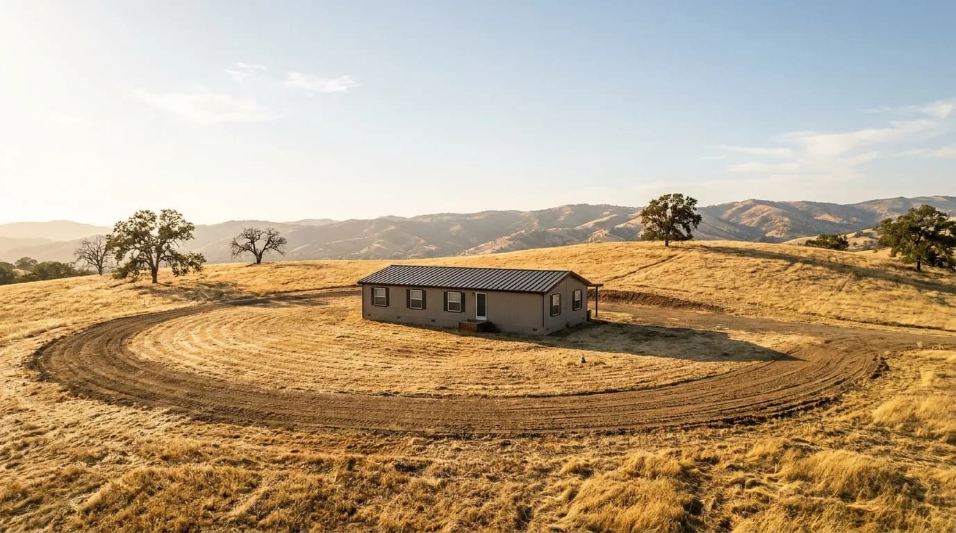A manufactured home with cleared defensible space and a metal roof in the Sacramento foothills