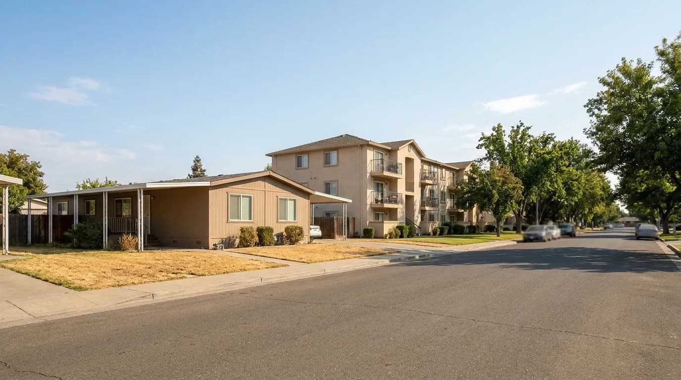 A manufactured home and a condominium building side by side in the Sacramento area