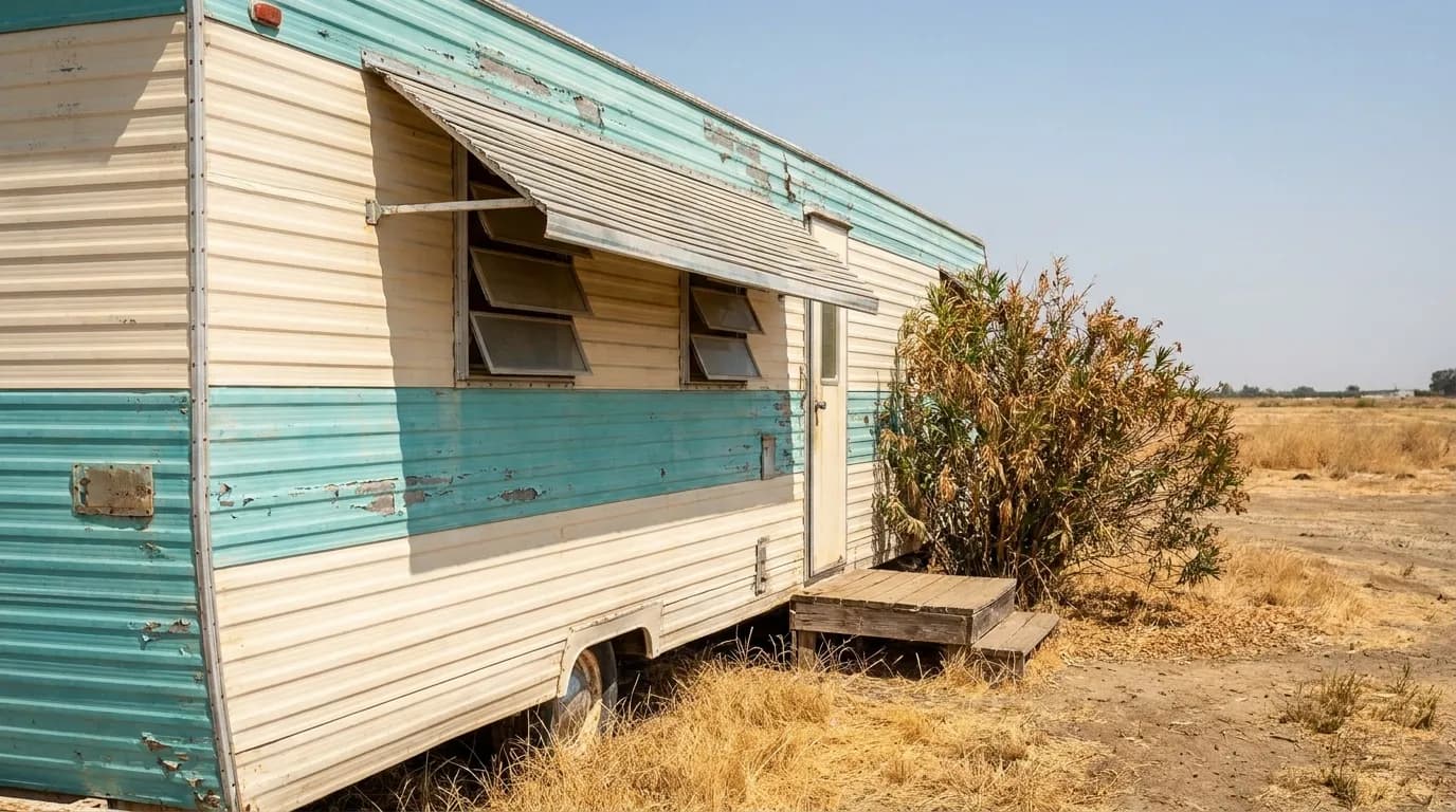 An older single-wide mobile home with original aluminum siding in a California community