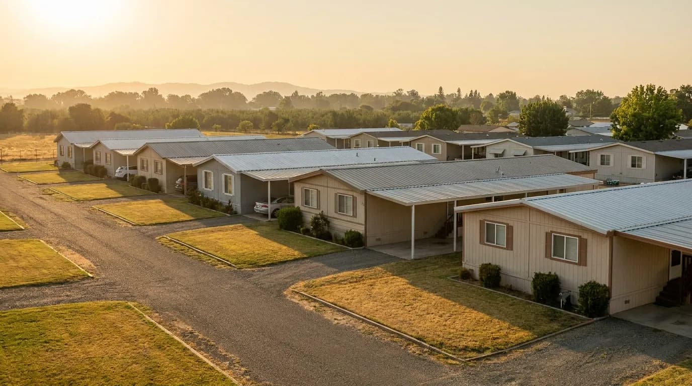 Rows of manufactured homes in a Sacramento County community at golden hour